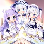  3girls apron azur_lane bangs bare_shoulders belchan_(azur_lane) belfast_(azur_lane) black_bow black_ribbon blue_dress blue_eyes blush bow braid brown_hair bulge commentary_request detached_sleeves dress drooling elbow_gloves erection eyebrows_visible_through_hair frilled_apron frills gloves hair_bun hair_ribbon hand_to_own_mouth hands_on_hips heart heart-shaped_pupils hetero highres illustrious_(azur_lane) long_sleeves maid_headdress multiple_girls object_hug one_side_up open_mouth parted_lips penis_awe purple_eyes purple_hair ribbon side_bun silver15 silver_hair sleeveless sleeveless_dress stuffed_alicorn stuffed_animal stuffed_toy sweat symbol-shaped_pupils tears trembling unicorn_(azur_lane) waist_apron wavy_mouth white_apron white_dress white_gloves younger 