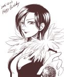  breasts buttons cleavage dated fur_trim greyscale happy_birthday harumiya looking_at_viewer merlin_(nanatsu_no_taizai) monochrome nanatsu_no_taizai short_hair smile upper_body 