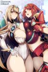  angry armor asymmetrical_docking blonde_hair blush breast_press breasts cleavage dress gloves highres hikari_(xenoblade_2) homura_(xenoblade_2) jewelry kamaboko_(ossann0125) large_breasts long_hair looking_at_viewer multiple_girls red_hair short_hair simple_background smile symmetrical_docking white_background xenoblade_(series) xenoblade_2 yellow_eyes 