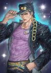  abs artist_name belt black_hair blue_hat chain coat ear_piercing fabulous goriraneesan green_eyes grimace hand_in_pocket hand_up hat jojo_no_kimyou_na_bouken jojo_pose kuujou_joutarou lips looking_at_viewer male_focus multiple_belts muscle open_clothes open_coat pants peaked_cap piercing pose purple_coat purple_pants purple_shirt shirt solo star stardust_crusaders starry_background twitter_username upper_body 