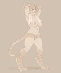  animal_humanoid animal_limbs big_breasts breasts clothed clothing digitigrade feline female hindpaw humanoid looking_at_viewer mammal monster_girl_(genre) muscular muscular_female nipples one_eye_closed oouna paws shorts solo sweat tiger_humanoid topless towel wink 