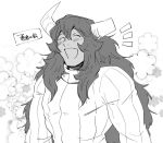  broken_horn dark_skin dark_skinned_male demon_horns fang floral_background greyscale horns long_hair male_focus maou_(mitosansan) mitosansan monochrome original ribbed_sweater smile solo sweater translation_request upper_body 