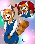  2018 aggressive_retsuko angry anthro blush casual_weeb clothed clothing digital_media_(artwork) ear_tuft eyelashes eyes_closed fangs female fur fur_markings hand_on_head japanese long_sleeve low_res mammal markings middle_finger multicolored_fur open_mouth red_panda retsuko sanrio simple_background skirt solo teeth tongue tongue_out tuft uniform vest 
