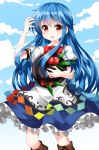  blue_hair blue_sky boots bow cloud cross-laced_footwear day dress eyebrows_visible_through_hair feet_out_of_frame food frilled_skirt frills fruit hair_between_eyes hand_in_hair hat hat_on_chest hat_removed headwear_removed highres hinanawi_tenshi holding holding_hat knee_boots layered_dress leaf long_hair looking_at_viewer outdoors parted_lips peach puffy_short_sleeves puffy_sleeves red_bow red_eyes ruu_(tksymkw) short_sleeves skirt sky solo standing touhou very_long_hair 