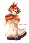  1girl abs arm_behind_back atlas bangs belt breasts brown_hair capcom character_name erect_nipples eyebrows_visible_through_hair haganef hair_between_eyes hand_on_own_chest huge_breasts inti_creates large_breasts midriff navel orange_hair red_eyes rockman rockman_zx rockman_zx_advent short_hair sidelocks simple_background skin_tight solo spiked_hair third-party_edit tight two-tone_hair white_background wide_hips 