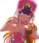  1girl blonde_hair blue_eyes blush breast_grab breasts capcom erect_nipples gloves hat large_breasts long_hair nipples prairie rockman rockman_zx smile solo third-party_edit 