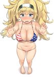  absurdres alternate_costume american_flag_bikini bare_legs bikini blonde_hair blue_eyes blush breasts cleavage collarbone embarrassed eyebrows_visible_through_hair flag_print from_above gambier_bay_(kantai_collection) groin hair_between_eyes hairband hands_up highres hips kantai_collection large_breasts long_hair messy_hair navel open_mouth revision simple_background solo soushou_nin stomach swimsuit tears twintails white_background worried 