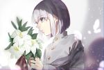  blue_eyes eyebrows_visible_through_hair flower highres holding holding_flower ki-san lily_(flower) looking_to_the_side male_focus mole mole_under_mouth original school_uniform upper_body white_hair 