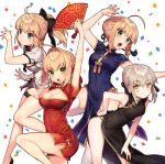  ahoge artoria_pendragon_(all) black_dress black_panties blonde_hair blue_dress breasts china_dress chinese_clothes cleavage cleavage_cutout commentary_request dress eyebrows_visible_through_hair fan fate/extra fate/grand_order fate/stay_night fate/unlimited_codes fate_(series) green_eyes hair_bun hair_ribbon large_breasts legs medium_breasts multiple_girls nero_claudius_(fate) nero_claudius_(fate)_(all) panties red_dress ribbon saber saber_alter saber_lily sakura_yuki_(clochette) string_panties teeth underwear white_background white_dress white_legwear yellow_eyes 