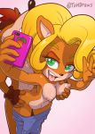  1boy 1girl animal_ears areolae blonde_hair breast_grab breasts brother_and_sister coco_bandicoot crash_bandicoot crash_bandicoot_(character) furry green_eyes incest navel nipples ponytail selfie sex signature stomach_bulge third-party_edit v 