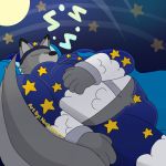  2018 anthro canine clothed clothing digital_media_(artwork) eyes_closed fur hair male mammal moon notkastar outside simple_background sleeping slightly_chubby solo sound_effects star tagme wolf zzz 
