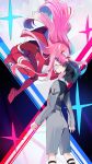  1girl black_hair bodysuit commentary couple darling_in_the_franxx gloves green_eyes hair_ornament hairband hand_on_another's_chin highres hiro_(darling_in_the_franxx) horns long_hair looking_at_another mg_nemuio military military_uniform necktie oni_horns pilot_suit pink_hair red_bodysuit red_gloves red_horns red_neckwear uniform white_hairband zero_two_(darling_in_the_franxx) 