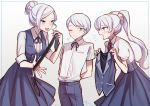  2girls blue_eyes blue_skirt brother_and_sister commentary_request ecru hair_bun korean_commentary multiple_girls necktie one_eye_closed rwby shirt siblings sisters skirt vest weiss_schnee white_hair white_shirt whitley_schnee winter_schnee 