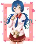  1girl alternate_hairstyle blue_hair blue_tie chocolate feet_out_of_frame heart heart_background holding long_hair looking_at_viewer love_live! love_live!_school_idol_project low_twintails red_skirt sakurauchi_riko_(cosplay) scrunchie skirt sonoda_umi tie tied_hair twintails valentine yellow_eyes 