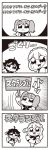  4koma :&lt; :d arm_behind_back bangs bkub comic emphasis_lines eyebrows_visible_through_hair greyscale halftone highres holding holding_sign hyper_ultra_girlish looking_at_viewer looking_up monochrome multiple_girls open_mouth rectangular_mouth running school_uniform short_hair short_twintails sign simple_background smile sweatdrop translation_request twintails two-tone_background 