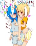  2girls animal_ears blonde_hair bloomers blue_hair blush breast_grab bunny_ears bunny_tail camisole commentary_request grabbing grabbing_from_behind highres inon long_hair low_twintails midriff multiple_girls navel one_eye_closed open_mouth ringo_(touhou) see-through seiran_(touhou) shirt short_hair tail thought_bubble touhou translation_request twintails underwear yellow_shirt yuri 
