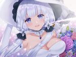  armlet azur_lane bangs bare_shoulders blue_eyes blush bouquet breasts choker cleavage commentary_request dress elbow_gloves eyebrows_visible_through_hair floating_hair flower gloves hair_ornament hair_ribbon hand_on_headwear hat holding holding_bouquet illustrious_(azur_lane) jewelry lace-trimmed_hat large_breasts light_particles long_hair looking_at_viewer mole mole_under_eye naomi_(fantasia) open_mouth pendant ribbon sapphire_(stone) sidelocks smile solo sparkle strapless strapless_dress sun_hat tareme tress_ribbon white_dress white_gloves white_hair wind 
