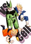  annoyed armor blonde_hair boots cell_(dragon_ball) character_name d: dougi dragon_ball dragon_ball_z frown full_body looking_down male_focus multiple_boys nervous open_mouth outstretched_arms perfect_cell senka-san short_hair simple_background son_gokuu spiked_hair super_saiyan sweatdrop vegeta vs white_background wristband 