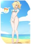  bare_shoulders bikini blonde_hair blue_eyes blush bottomless breasts covering covering_crotch day earrings embarrassed hair_over_one_eye highres jewelry long_hair looking_at_viewer mario_(series) open_mouth rosetta_(mario) sarukaiwolf sky solo super_mario_bros. super_mario_galaxy swimsuit 
