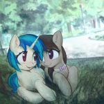  2017 black_hair blush bow_tie duo earth_pony equine eye_contact female feral friendship_is_magic grass hair horn horse mammal mirroredsea multicolored_hair my_little_pony octavia_(mlp) outside pony purple_eyes red_eyes tree unicorn vinyl_scratch_(mlp) 