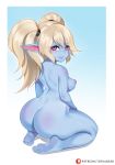  ass bare_back blue_skin blush breasts fang feet full_body league_of_legends looking_at_viewer nipples nude patreon_username pointy_ears poppy purple_eyes seiza sideboob sitting soles toes tofuubear white_hair yordle 