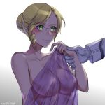  1girl blonde_hair blush breasts commentary glasses gloves glynda_goodwitch green_eyes highres james_ironwood kio_rojine nude rwby see-through_silhouette wrist_grab 