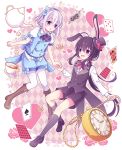  2boys :d ahoge alice_(wonderland) alice_(wonderland)_(cosplay) alice_in_wonderland animal_ears black_hair black_legwear boots bunny_ears cane card checkered checkered_background cosplay cravat cross-laced_footwear cup flower hairband hat heart honebami_toushirou hyou_(pixiv3677917) kneehighs lace-up_boots male_focus mini_hat mini_top_hat multiple_boys namazuo_toushirou open_mouth pantyhose pantyhose_under_shorts pink_flower pink_rose playing_card pocket_watch ponytail puffy_short_sleeves puffy_shorts puffy_sleeves purple_eyes rose short_sleeves shorts smile teacup teapot top_hat touken_ranbu watch white_hair white_legwear white_rabbit white_rabbit_(cosplay) 