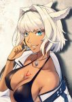 2018 :d animal_ears aqua_eyes ark_ford artist_name bangs bikini black_bikini black_bikini_top blue_eyes breasts caenis_(fate) choker cleavage commentary dark_skin dated dog_tags eyebrows_visible_through_hair eyelashes fate/grand_order fate_(series) fingernails grin hair_intakes hair_ornament hairband halter_top halterneck highres jacket jewelry long_fingernails looking_at_viewer medium_breasts nail_polish necklace open_clothes open_jacket open_mouth shadow short_hair signature smile solo swimsuit tattoo toothpick upper_body white_hair white_jacket white_nails wristband 
