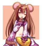  animal_ears artist_name bloomers blue_eyes brown_hair commentary dormouse_(monster_girl_encyclopedia) eyebrows_visible_through_hair flat_chest hair_between_eyes hair_ornament hairclip long_hair long_sleeves monster_girl_encyclopedia mouse_ears mouse_tail multicolored_hair navel one_eye_closed open_clothes open_mouth pink_hair puffy_sleeves solo streaked_hair tail terupancake twitter_username two-tone_hair underwear very_long_hair yawning 