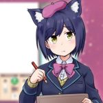  animal_ears beret blurry canvas_(object) cat_ears colored_pencil depth_of_field extra_ears frown goriate hat head_tilt looking_up neck_ribbon nijisanji pencil ribbon school_uniform shizuka_rin short_hair solo upper_body virtual_youtuber 