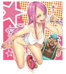  1boy 1girl 2016 alsea bare_arms bare_legs bare_shoulders barefoot beard bottomless breasts cleavage erect_nipples feet food hair_between_eyes ice_cream ice_cream_cone jewelry_bonney kneeling large_breasts legs lips lipstick long_hair looking_at_viewer makeup no_panties one_piece open_mouth orange_eyes overalls piercing pink_eyes pink_hair see-through shirt shrug simple_background sleeveless star suspenders tank_top thighs toes tongue tongue_out underwear white_shirt 