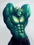  anthro clothed clothing hair hands_behind_head horn kuron male muscular muscular_male pecs pocky scalie solo suggestive topless 