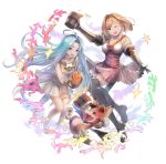  :d ;d ahoge alcohol animal beer beer_mug black_footwear blonde_hair blue_eyes blue_hair boots breasts brown_eyes choker cleavage collarbone cup djeeta_(granblue_fantasy) dress floating_hair gauntlets granblue_fantasy hairband high-waist_skirt highres holding holding_cup kujuu_shikuro long_hair lyria_(granblue_fantasy) medium_breasts miniskirt multiple_girls one_eye_closed open_mouth outstretched_arms pink_skirt pleated_skirt red_hairband short_dress short_hair simple_background skirt sleeveless sleeveless_dress smile thigh_boots thigh_strap thighhighs vee_(granblue_fantasy) very_long_hair white_background white_dress 