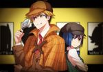  1girl back-to-back blonde_hair blue_hair bob_cut cabbie_hat capelet commentary cosplay darling_in_the_franxx deerstalker detective glasses gorou_(darling_in_the_franxx) green_eyes grin hat ichigo_(darling_in_the_franxx) magnifying_glass necktie plaid poster_(object) rochika_(ya_y_a_ya) sherlock_holmes sherlock_holmes_(cosplay) shirt short_hair smile trench_coat vest wanted white_shirt zero_two_(darling_in_the_franxx) zorome_(darling_in_the_franxx) 