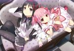  akemi_homura black_hair checkered checkered_floor commentary_request couch gloves highres kaname_madoka kyubey light_smile long_hair looking_at_viewer magical_girl mahou_shoujo_madoka_magica multiple_girls pantyhose pink_hair short_hair twintails uni 
