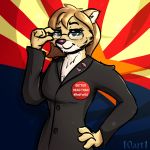  10art1 2018 anthro arizona_flag bedroom_eyes chest_tuft clothing eyewear feline female flag fur glasses hair half-closed_eyes hand_on_hip hi_res kelly_townsend lion mammal multicolored_hair pin politics seductive smile smirk solo stars_and_stripes suit tuft two_tone_hair united_states_of_america 