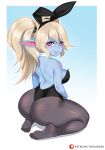  ass bare_back blue_skin blush breasts bunny_ears bunnysuit fake_animal_ears fang feet full_body league_of_legends leotard looking_at_viewer pantyhose patreon_username poppy purple_eyes sideboob soles toes tofuubear white_hair yordle 