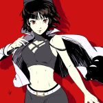  belt blake_belladonna blake_belladonna_(cosplay) bow breasts cleavage commentary cosplay dh_(brink_of_memories) hair_bow highres jacket jacket_removed navel niijima_makoto persona persona_5 rwby solo 