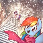  2017 blush building city cute cutie_mark duo equine female friendship_is_magic hair horn light looking_at_viewer mammal mirroredsea multicolored_hair my_little_pony open_mouth outside purple_eyes purple_hair rainbow_dash_(mlp) rainbow_hair rarity_(mlp) scarf smile snow snowing stairs street_lamp teeth tongue tree unicorn winter 