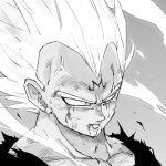  black_shirt close-up commentary dirty dirty_face dragon_ball dragon_ball_z face frown greyscale highres looking_away majin_vegeta male_focus monochrome shirt short_hair simple_background smile spiked_hair tkgsize upper_body vegeta 