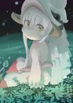  :/ animal_ears bangs bare_arms bare_shoulders bunny_ears closed_mouth eyebrows eyebrows_visible_through_hair from_side fur furry hair_between_eyes hat highres horizontal_pupils horned_headwear horns long_hair looking_at_viewer made_in_abyss nanachi_(made_in_abyss) pants plant ringed_eyes samidare sitting solo topless whiskers white_hair white_pants yellow_eyes 