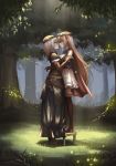  arisa_(shadowverse) belt blonde_hair blush boots breasts brown_eyes brown_footwear brown_hair cape closed_mouth commentary dress elbow_gloves english_commentary fingerless_gloves fireflies forest from_side gloves hand_on_another's_back head_wreath high_heels highres long_hair looking_at_another losaria_(shadowverse) medium_breasts multiple_girls nature open_mouth outdoors pointy_ears shadowverse skirt smile standing stool sunlight thigh_boots thighhighs tree very_long_hair white_skirt wife_and_wife yuri yurichtofen 