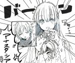  1girl :d anastasia_(fate/grand_order) anger_vein bangs blush cellphone cloak closed_eyes crown directional_arrow dress emphasis_lines eyebrows_visible_through_hair fate/grand_order fate_(series) hair_between_eyes hair_ribbon hairband hand_up holding holding_cellphone holding_phone kadoc_zemlupus looking_at_viewer mini_crown monochrome open_mouth parted_lips phone ribbon shirt sleeping smartphone smile sofra solo_focus translation_request 