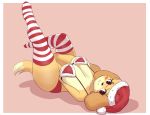  2018 animal_crossing anthro blush blush_stickers border breasts canine christmas clothed clothing dog female hat holidays isabelle_(animal_crossing) legs_up legwear mammal nintendo santa_hat shih_tzu shinsuke simple_background smile solo striped_legwear stripes video_games white_border 