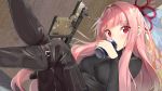  bangs black_pants black_shirt blush bow can commentary_request eyebrows_visible_through_hair gun hair_bow hair_ribbon holding holding_can holding_gun holding_weapon kotonoha_akane kriss_vector long_hair long_sleeves pants parted_lips pink_hair playerunknown's_battlegrounds red_eyes red_ribbon ribbon shirt solo submachine_gun very_long_hair voiceroid weapon yappen 