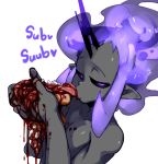  &lt;3 alternate_form black_sclera blood death demon docu_(gcp) doppel english_text featureless_chest flaming_hair girly glowing glowing_eyes gore hair hard_vore holding_head horn human human_on_humanoid humanoid kissing looking_at_viewer male mammal monster_boy not_furry nude pointy_ears purple_eyes purple_hair sharp_teeth simple_background solo teeth text tongue tongue_out vore white_background 
