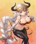  absurdres aliza_(granblue_fantasy) bandaged_arm bandages belt belt_pouch black_pants bow braid breasts bustier cleavage collarbone draph earrings granblue_fantasy hair_bow headpiece highres horns jewelry large_breasts long_braid long_hair looking_at_viewer navel pants pointy_ears pouch red_bow red_eyes silver_hair single_braid solo very_long_hair yuki7128 