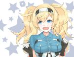  blonde_hair blue_eyes blue_shirt breast_pocket breasts collared_shirt commentary gambier_bay_(kantai_collection) gloves hairband kantai_collection kodama_(user_rnfr3534) large_breasts open_mouth pocket shirt solo star starry_background tears twintails upper_body white_background 