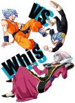  :o armor blue_eyes blue_hair boots character_name d: dougi dragon_ball dragon_ball_super dragon_ball_z egyptian_clothes full_body gloves highres looking_at_another looking_up male_focus multiple_boys nervous open_mouth senka-san short_hair simple_background smile son_gokuu spiked_hair super_saiyan_blue sweatdrop upside-down vegeta vs whis white_background white_hair wristband 