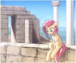  2017 anthro equine female fluttershy_(mlp) friendship_is_magic hair horse mammal mirroredsea my_little_pony outside pink_hair pony ruins sea semi-anthro sitting sky solo water 